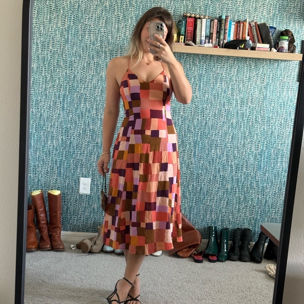 Rare Sezane Editions Silk Colorful Patchwork Midi Dress